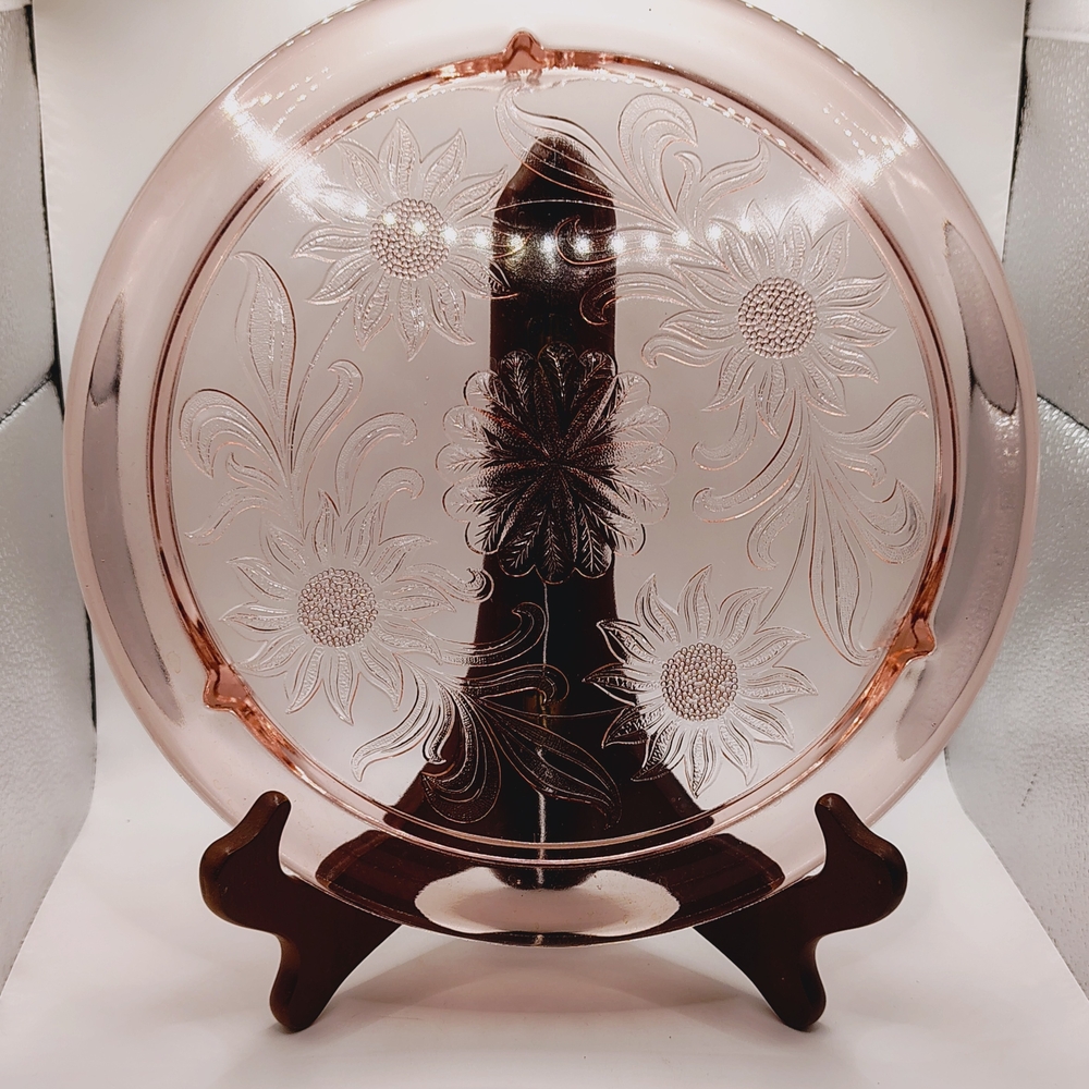 Elegant Pink Floral Depression Glass Footed Plate